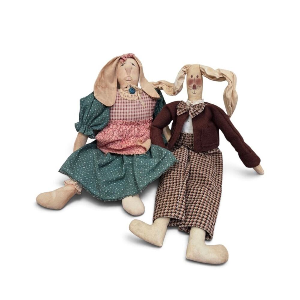 Primitive Folk Art Rabbit Dolls Pair Old Time Thimble Co Handmade Country